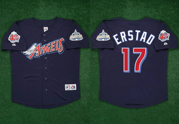 Men's Los Angeles Angels #17 Darin Erstad Navy 2000 With 40th Patch Stitched Baseball Jersey